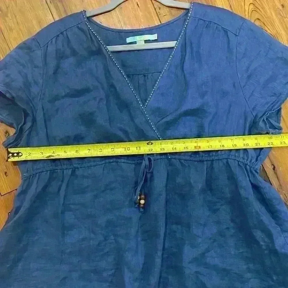 Boden Linen Blouse Crossover Bodice Empire Drawstring Waist Blue Top size 18 - Picture 7 of 8